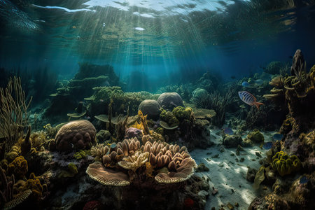 Underwater view of the coral reef with fishes and corals.の素材