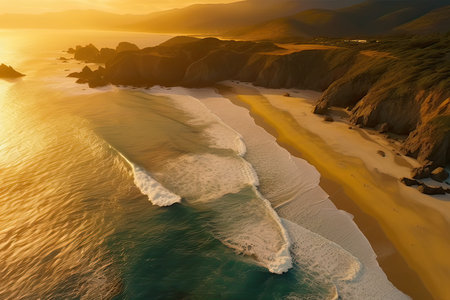 Aerial view of a beautiful beach at sunset, California, USAの素材