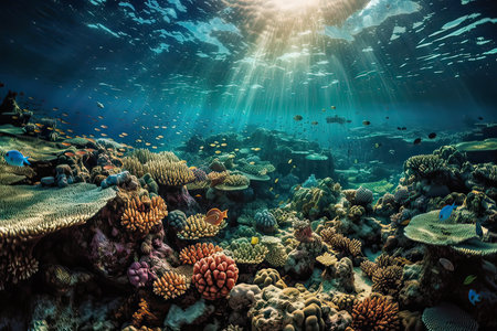 Underwater view of coral reef with fishes and sunbeams.の素材