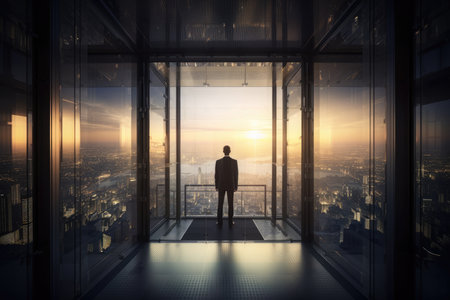 Businessman looking at city through a glass window. 3D renderingの素材