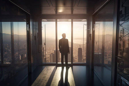 Silhouette of a businessman standing in a room overlooking the cityの素材