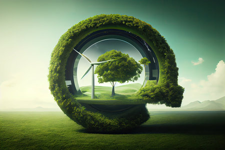 Conceptual image of green planet earth with wind turbines and treesの素材