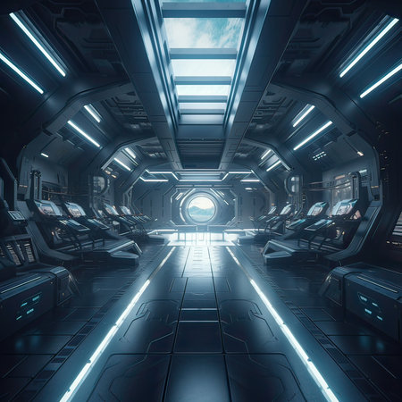 Spaceship interior with blue lights. 3d rendering mock upの素材