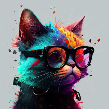 Fashion cat with glasses and colorful splashes on a gray backgroundの素材