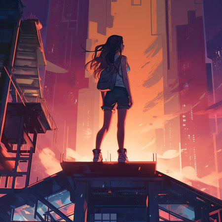 Fashionable girl in the city at night. 3d renderingの素材