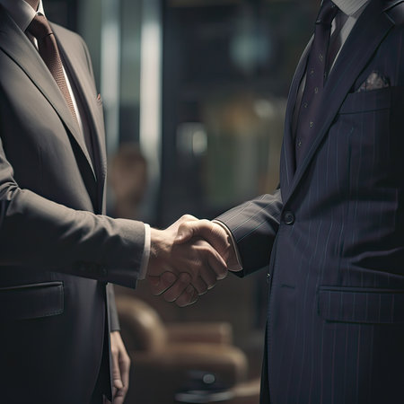 Two businessmen shaking hands in the office. Shallow depth of fieldの素材