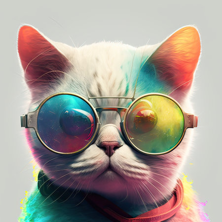 Funny cat with sunglasses and colorful hair. Photo in old color image styleの素材