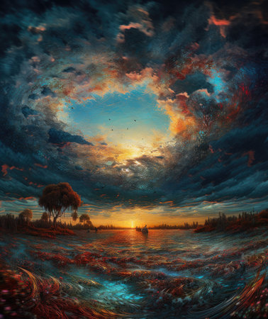Fantasy landscape with trees on the shore of the lake at sunsetの素材