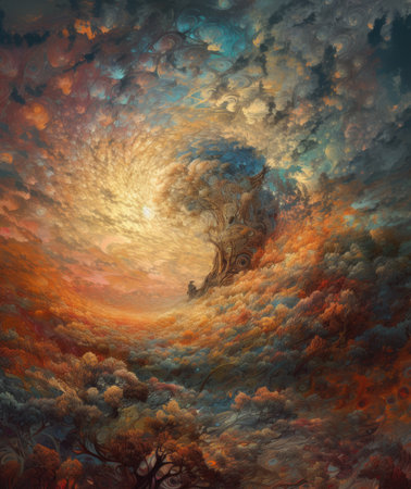 Fantasy landscape. Colorful clouds in the sky. 3D renderingの素材