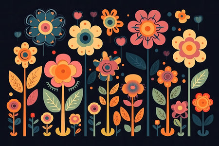 Flowers in a row on a black background. Vector illustration.の素材