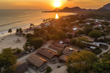 Aerial view of beautiful tropical beach with palm trees at sunset, Thailandの素材