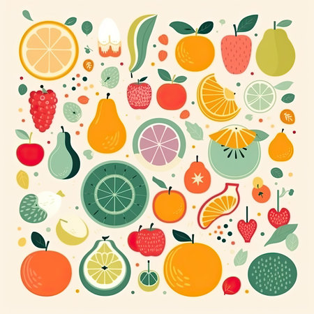 Fruits and berries seamless pattern. Vector illustration in flat style.の素材