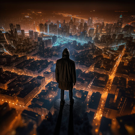 Man in hoodie looking at night city. 3D Renderingの素材