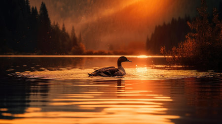 Mallard duck swimming in a lake at sunset. Colorful autumn landscape.の素材