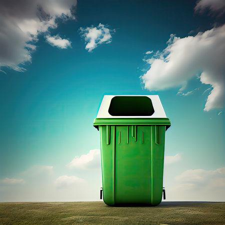 Garbage container on green meadow under blue sky with white cloudsの素材