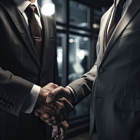 Businessmen shaking hands in office, closeup. Business concept.の素材