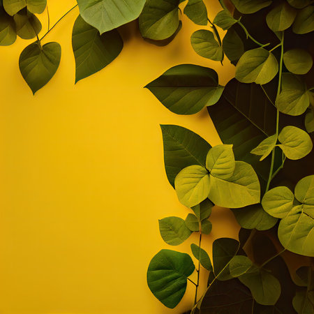 Creative layout made of green leaves on yellow background. Flat lay, top view. Nature concept.の素材