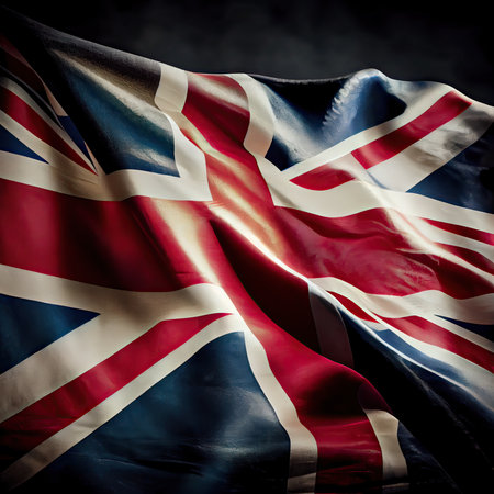 Union Jack flag waving in the wind on dark background. 3d illustrationの素材