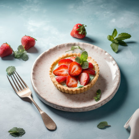 Delicious tartlet with fresh strawberries and mint on light blue backgroundの素材