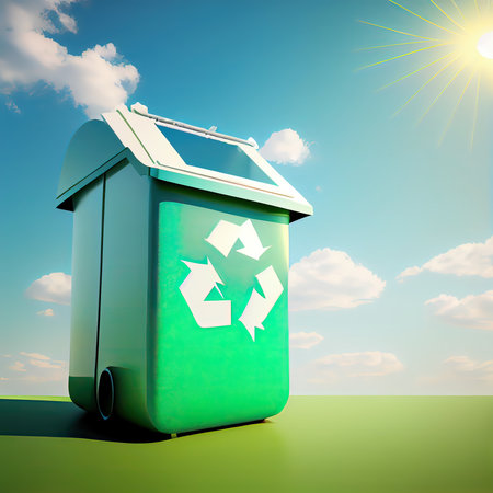Recycling bin with recycle symbol on green field under blue skyの素材