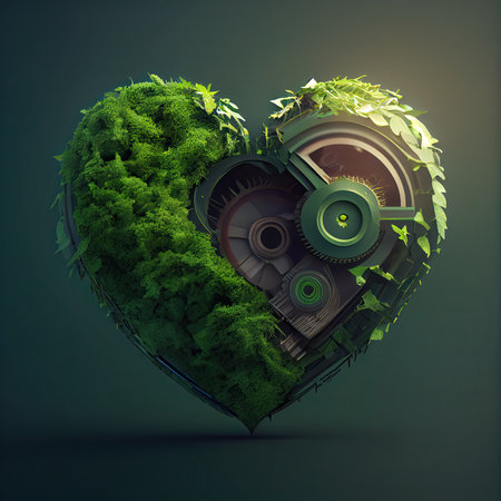 Green heart with gears and cogs on dark background. 3D renderingの素材