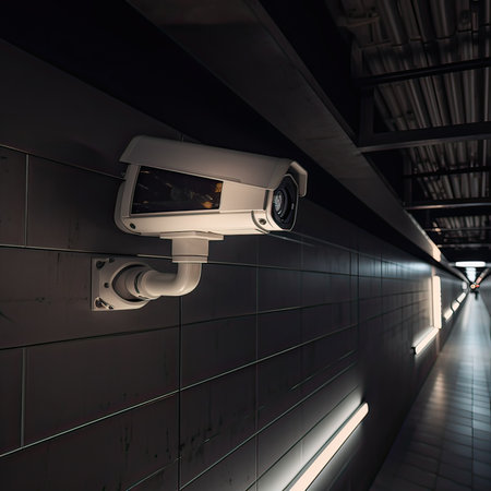 CCTV security camera in modern building. 3d rendering and illustration.の素材