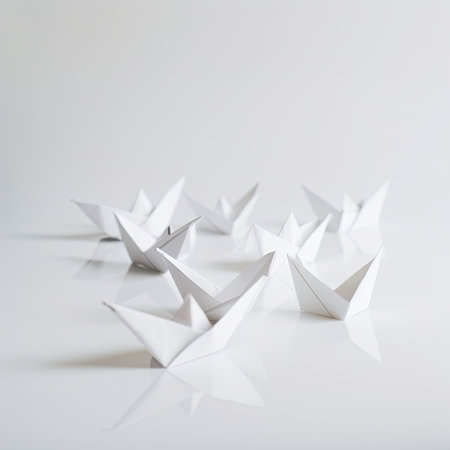 Leadership concept with white paper ship leading among whiteの素材