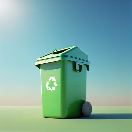 Green recycling bin on blue sky background. 3d render illustration.の素材