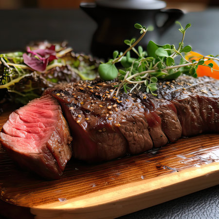 Delicious tenderloin steak with herbs on wooden board, closeupの素材