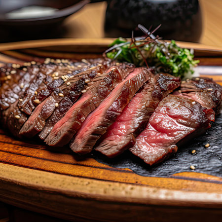Sliced grilled wagyu beef on a wooden plate.の素材