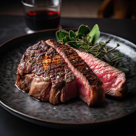 Grilled beef steak with rosemary and red wine on a black plateの素材