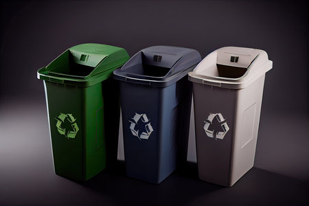 Three recycle bins on a black background. Recycling concept.の素材
