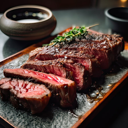 Grilled wagyu beef steak with herbs and spices on a black plateの素材