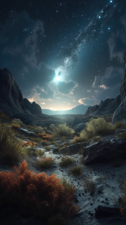 Fantasy alien planet. Mountain and starry sky. 3D illustrationの素材