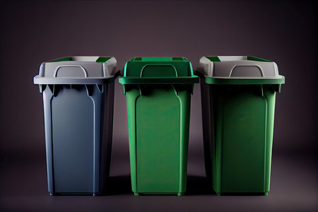 Three recycle bins on a dark background. 3D rendering illustration.の素材