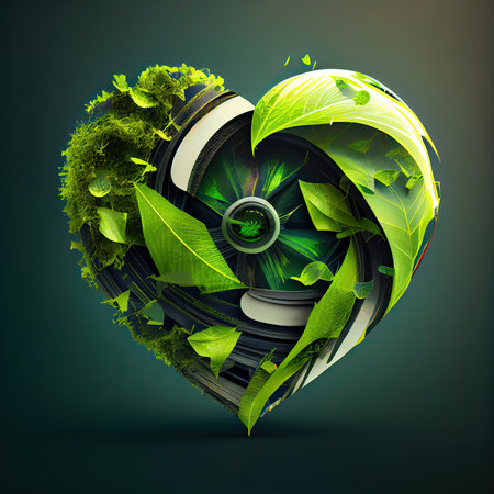Ecology heart made of green leaves. Ecology concept. 3D renderingの素材