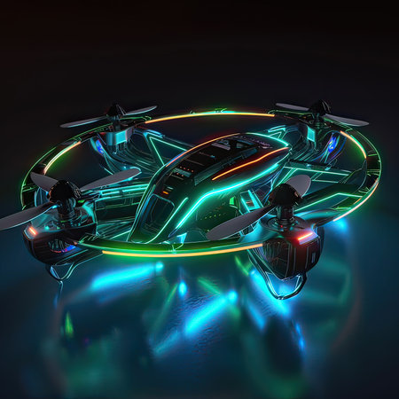 Drone quadcopter with neon lights on a black background. 3d renderingの素材