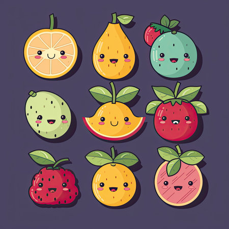 Set of cute kawaii fruit characters. Vector illustration design.の素材