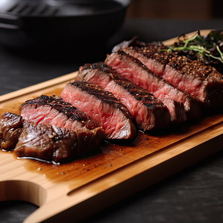 Sliced beef steak on a wooden board. Black background.の素材