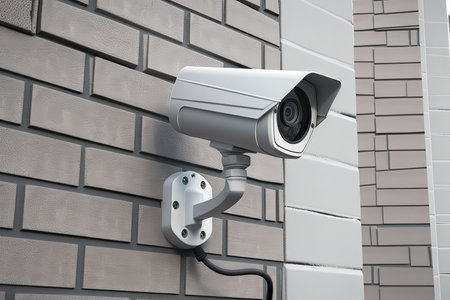Surveillance camera on brick wall. 3d illustration. Security concept.の素材