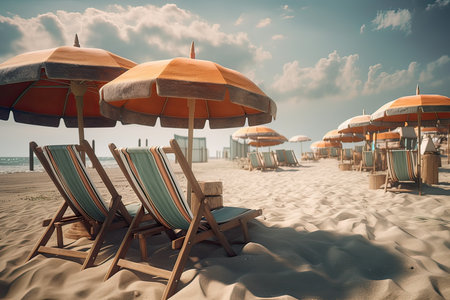 Beach chairs and umbrellas on the beach. Vintage styleの素材