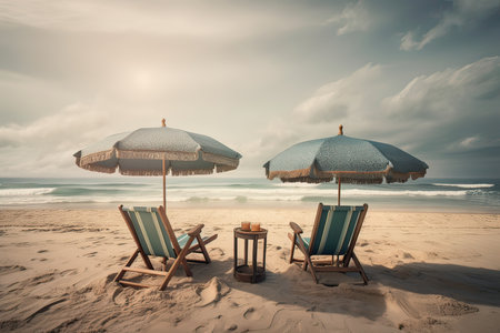 Beach chairs and umbrellas on the beach. Vintage style.の素材