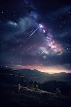 Night sky with stars and milky way over the mountain valley.の素材