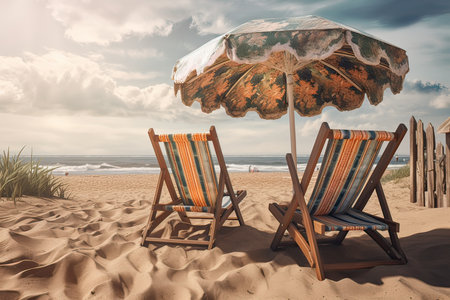 Beach chairs with umbrella on the beach. 3D Renderingの素材