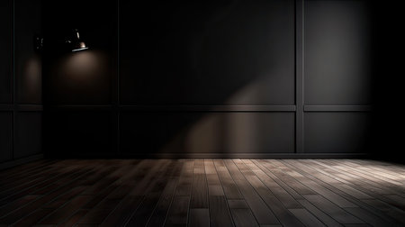 3d rendering of a dark room with wooden floor and a spotlightの素材