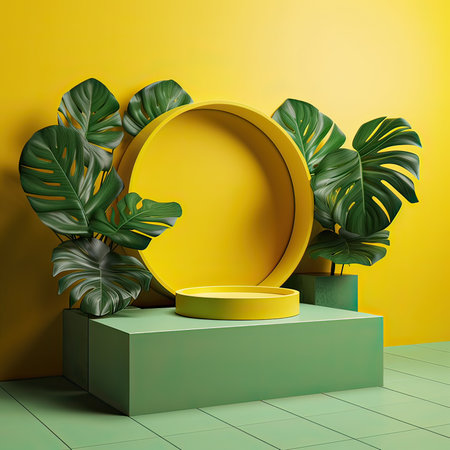 3d render of podium for product presentation with monstera leaves on the yellow backgroundの素材