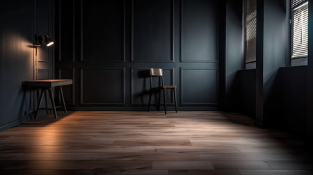 3D render of a dark room with a wooden floor and a chairの素材