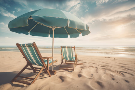 Beach chairs on the white sand beach with cloudy blue sky and sun. Chairs and umbrella on a beautiful tropical beach. Generative Ai.の素材