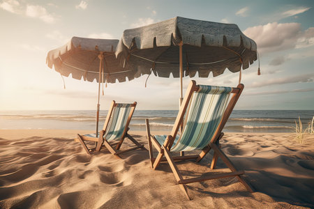 Beach chairs on the white sand beach with cloudy blue sky and sun. Chairs and umbrella on a beautiful tropical beach. Generative Ai.の素材