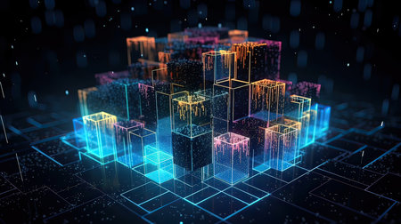 3D rendering of abstract digital city with glowing cubes on dark backgroundの素材
